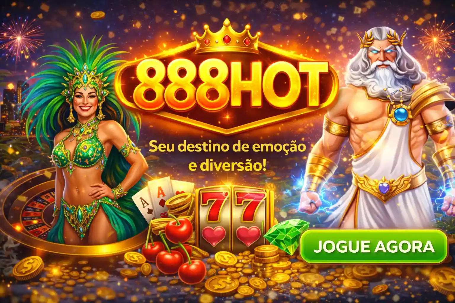 Banner 888hot com dançarina brasileira, Zeus, slots e moedas douradas