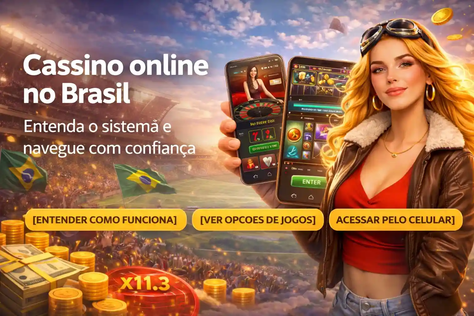 Mulher mostrando cassino online no celular com bandeira do Brasil