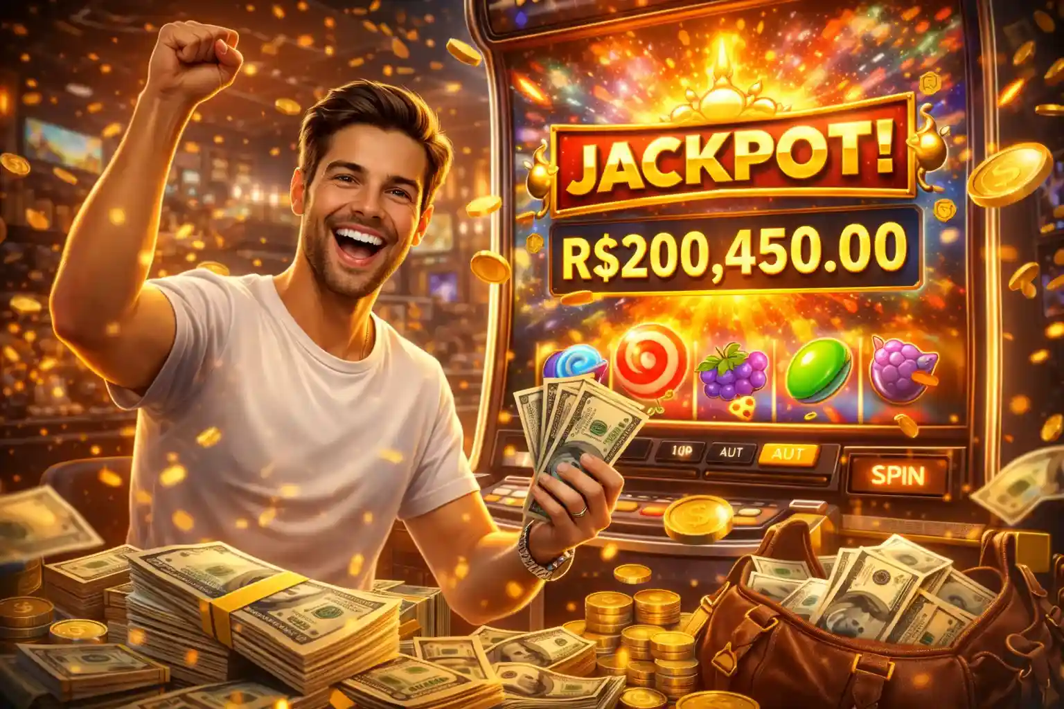 Jogador comemorando jackpot alto com dinheiro, moedas e caça-níqueis