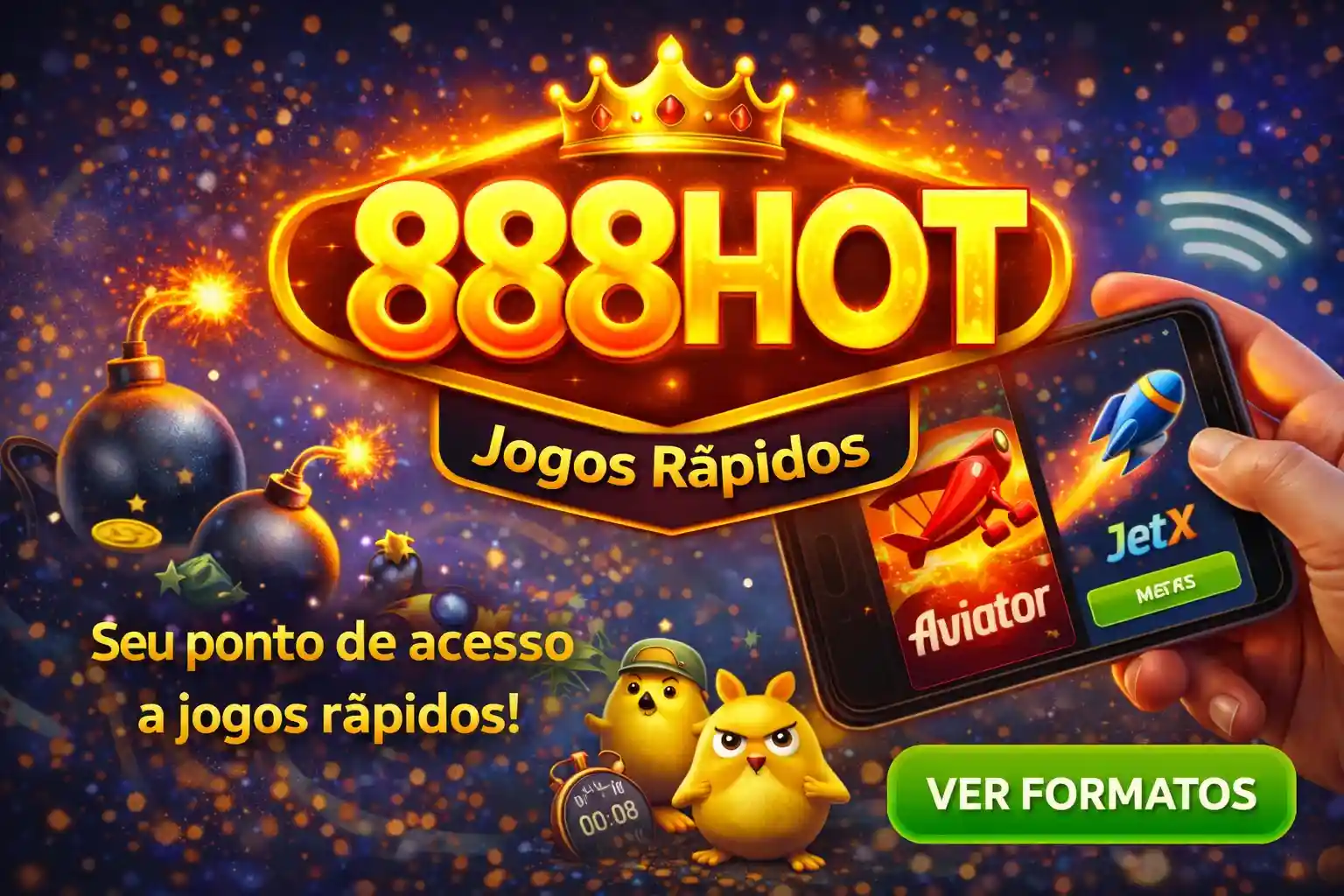 Banner 888hot jogos rápidos com Aviator, JetX e mascotes animados