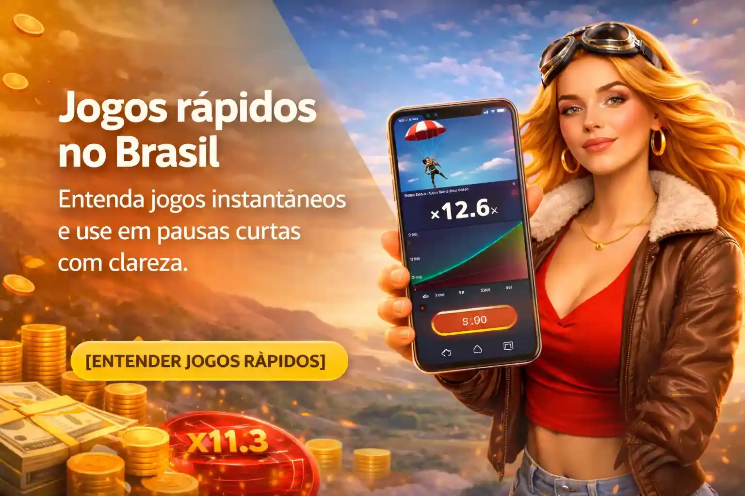 Mulher mostrando jogos rápidos no celular com multiplicador e moedas