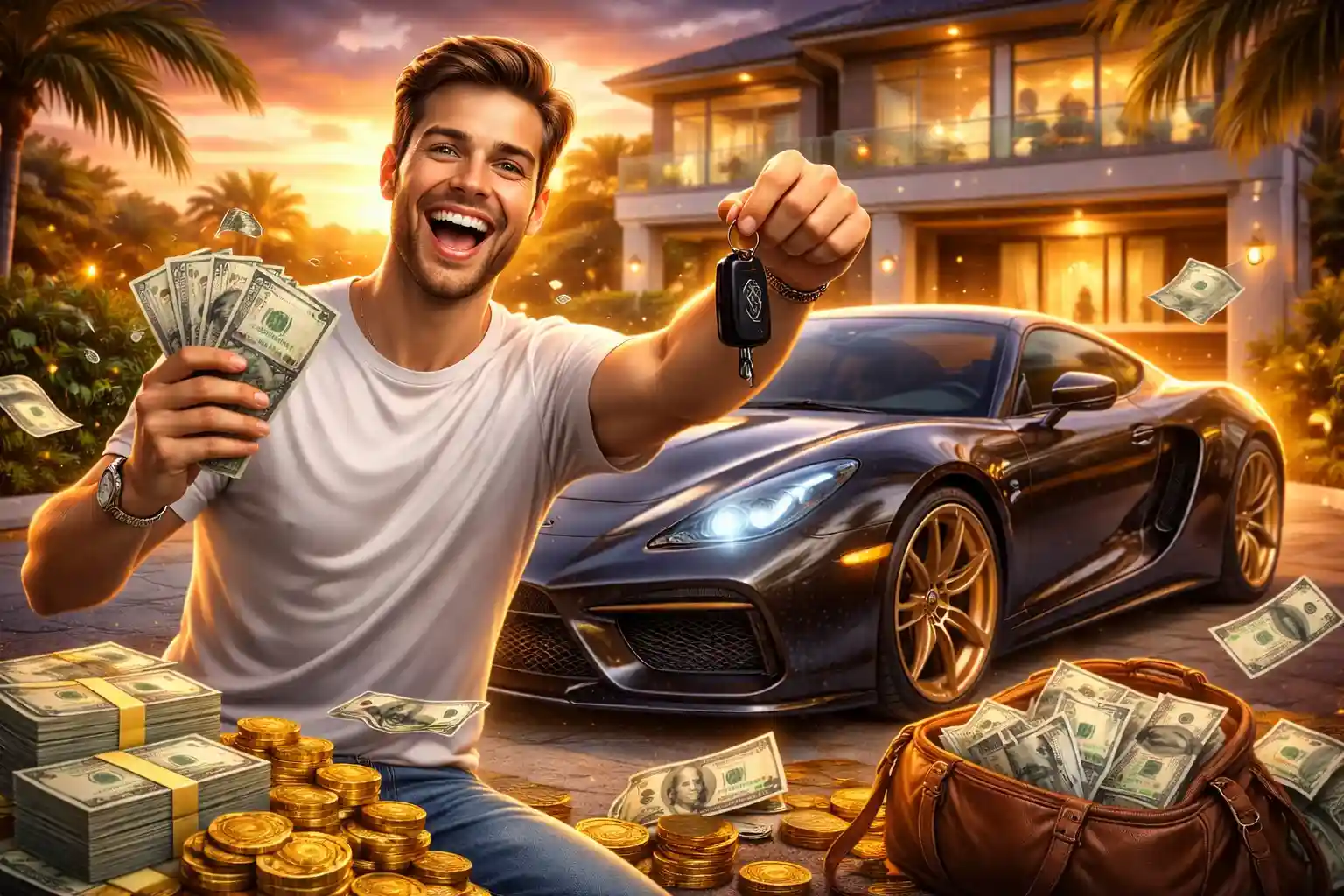 Homem feliz com dinheiro, carro esportivo e pilhas de moedas
