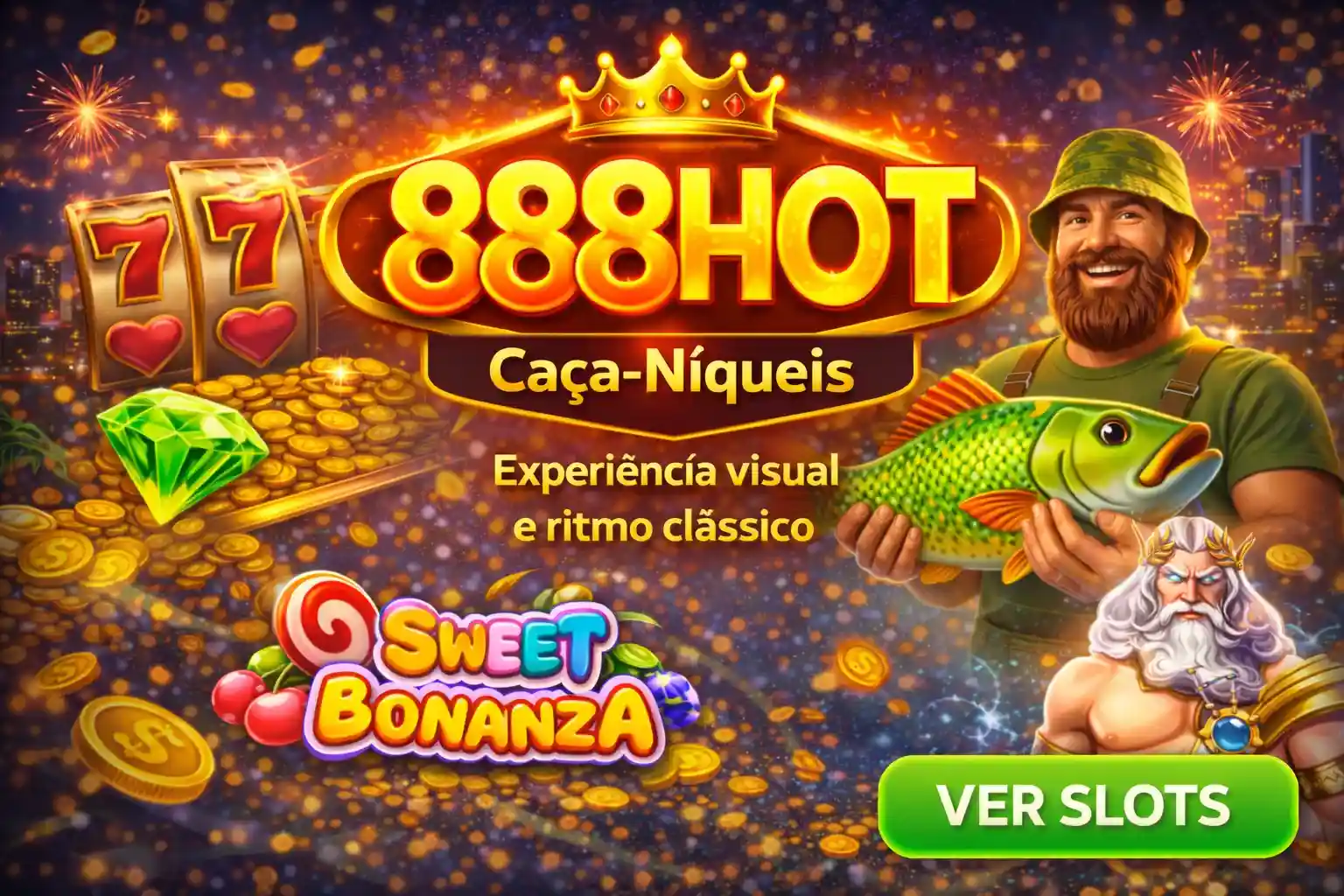 Banner 888hot caça-níqueis com pescador, Zeus, moedas e símbolos clássicos