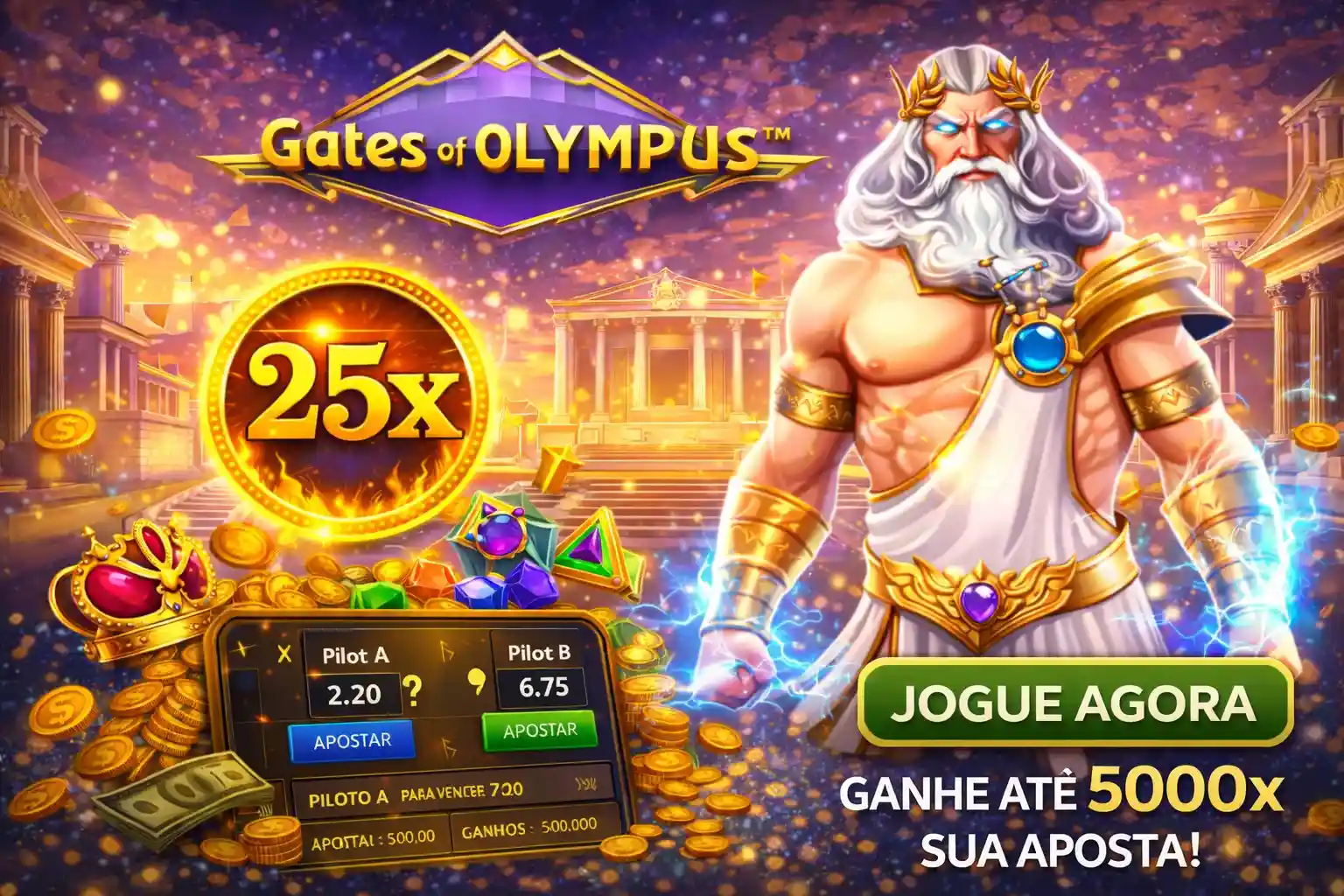 Zeus em slot Gates of Olympus com multiplicador e interface de apostas