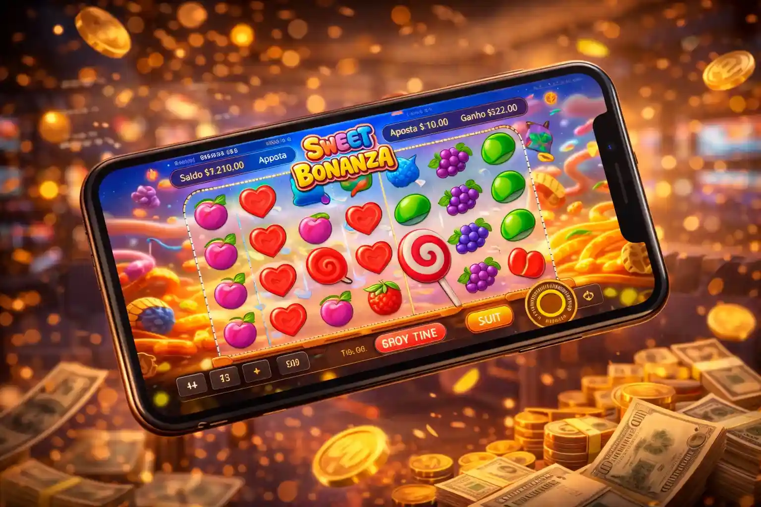 Jogo Sweet Bonanza rodando no celular com frutas e moedas douradas
